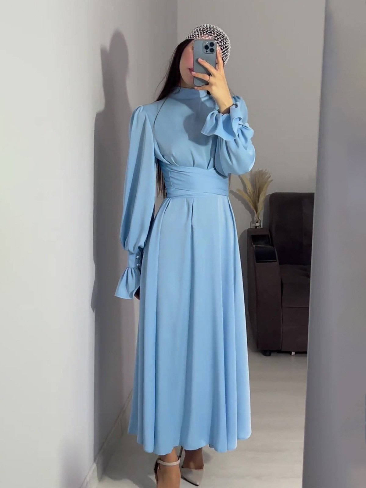 2024 Spring Summer New Female Fashion Casual Dress Women Stand Collar Solid Color Long Sleeve Lady Dresses