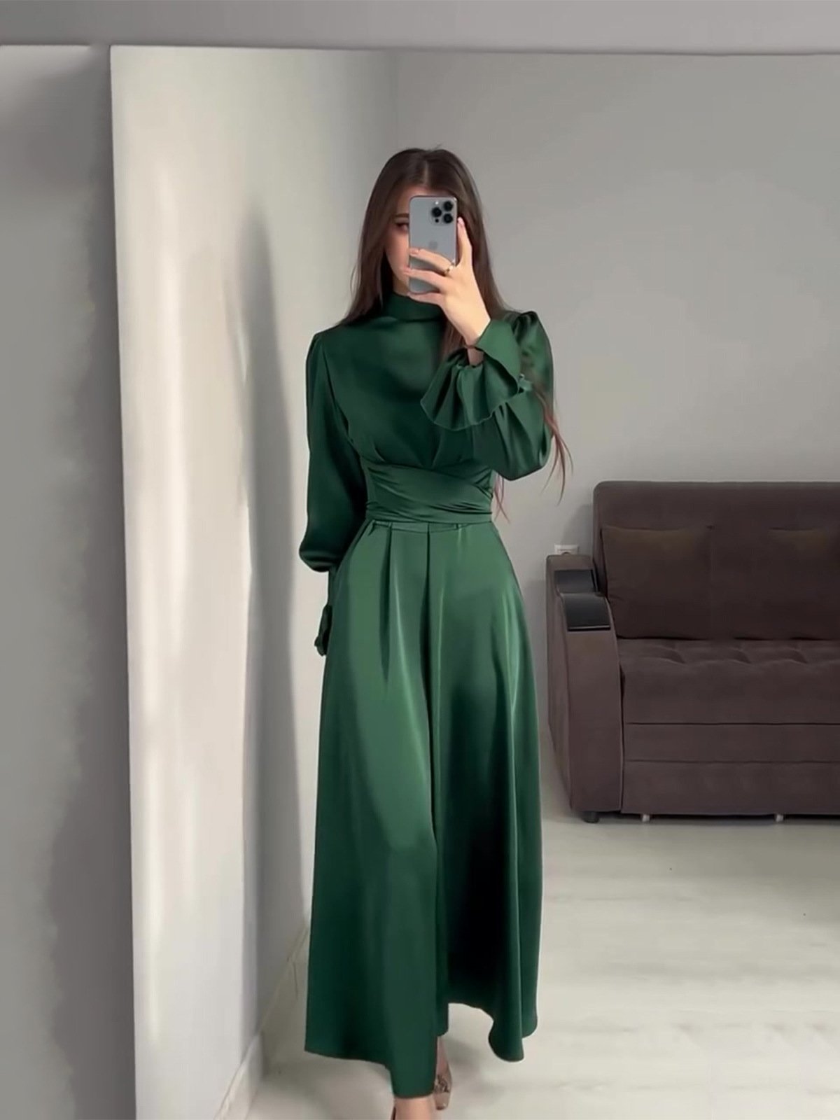 2024 Spring Summer New Female Fashion Casual Dress Women Stand Collar Solid Color Long Sleeve Lady Dresses