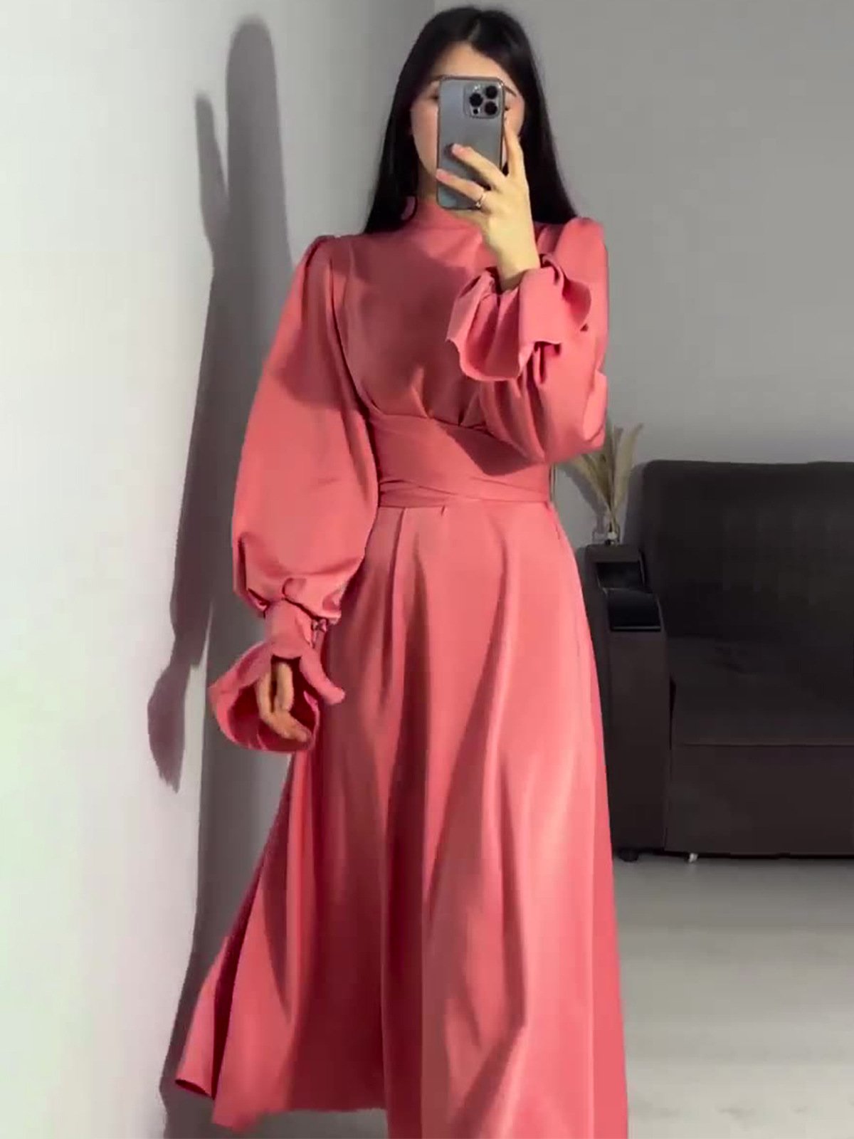 2024 Spring Summer New Female Fashion Casual Dress Women Stand Collar Solid Color Long Sleeve Lady Dresses
