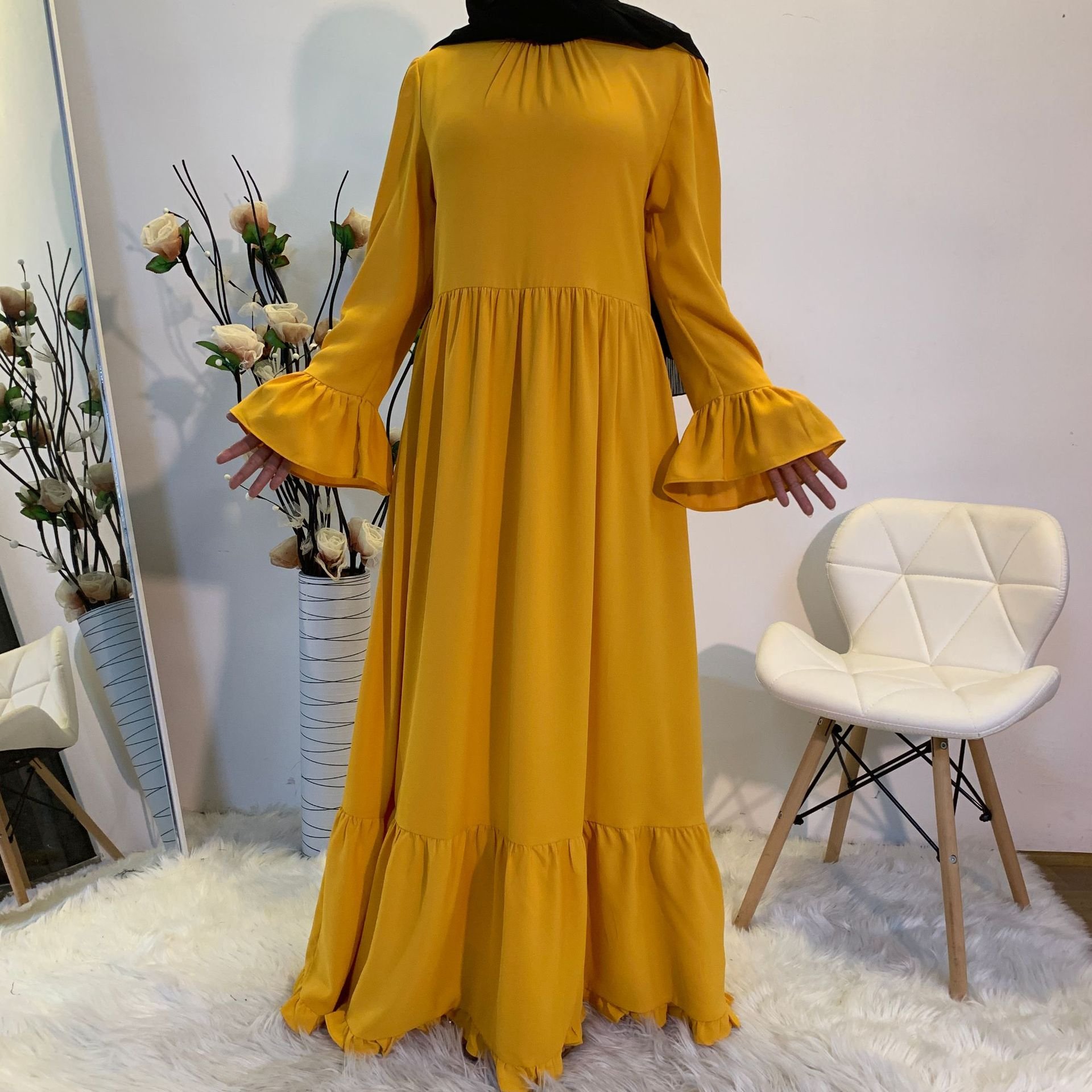 New Designs Yellow Simple Casual Women's Dress Splicing Solid Color Abaya Big Swing Bohemian Skirt Abaya Women Muslim Dress