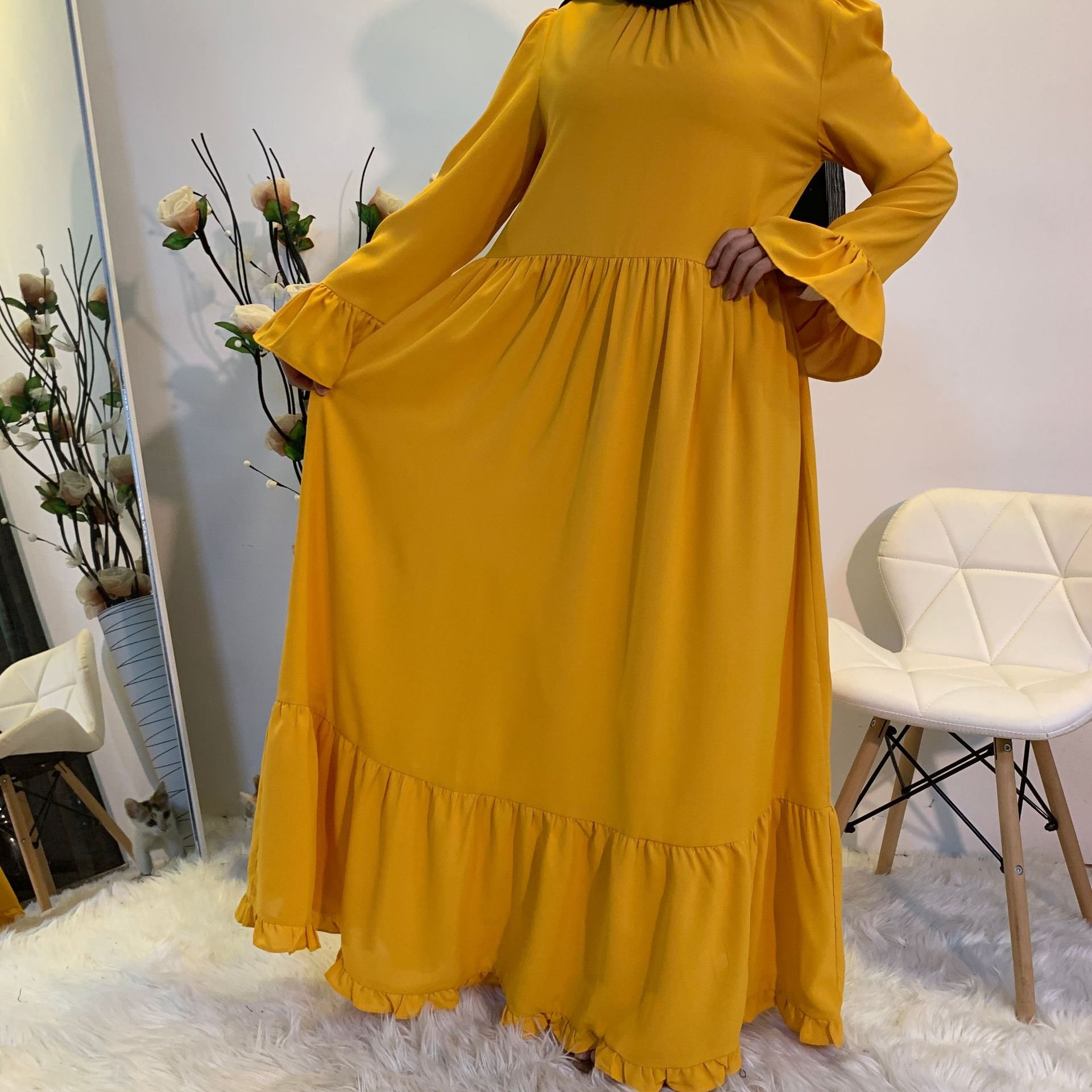 New Designs Yellow Simple Casual Women's Dress Splicing Solid Color Abaya Big Swing Bohemian Skirt Abaya Women Muslim Dress