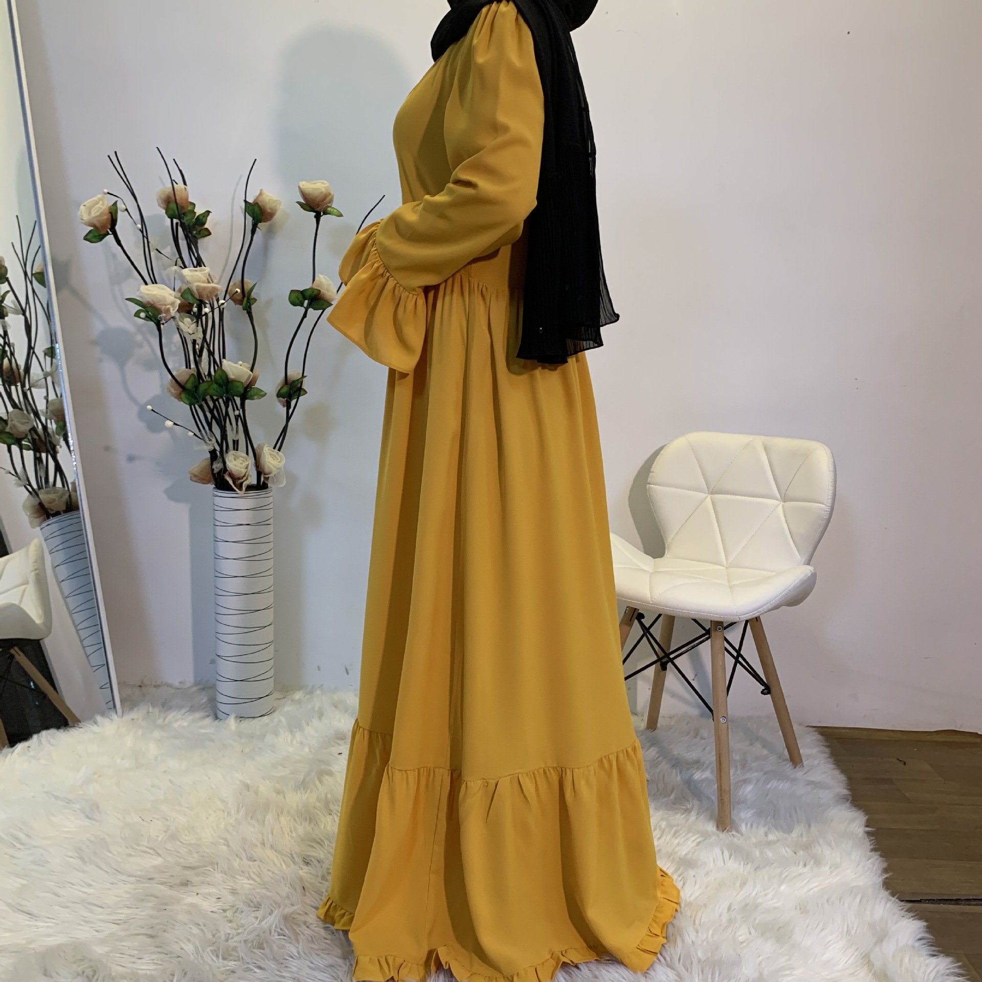 New Designs Yellow Simple Casual Women's Dress Splicing Solid Color Abaya Big Swing Bohemian Skirt Abaya Women Muslim Dress