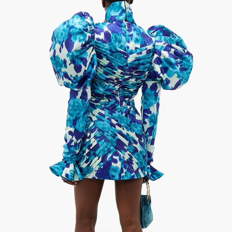 fashion long puff shoulder floral print pleated mini dress party women dresses