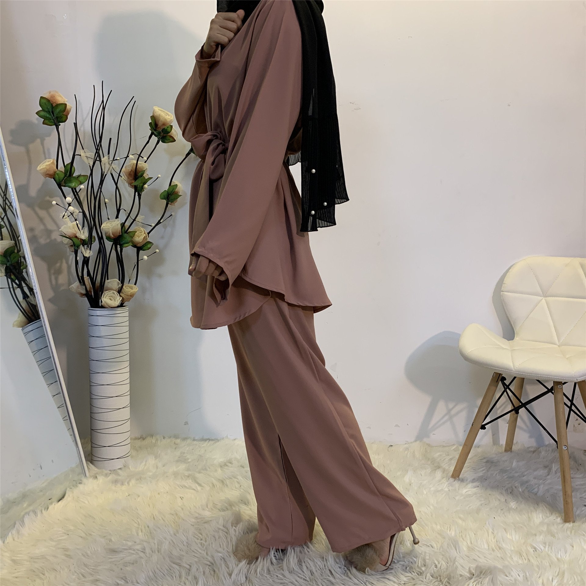 Best Selling Spring Summer Casual Wide Loose Leggings Pants Solid Color Muslim Women 2 Piece Set With Belt