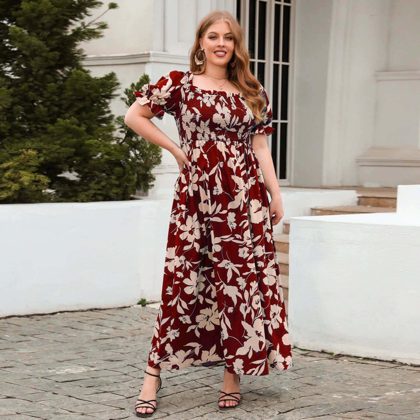 A332 Women Casual Loose Bohemian Floral Dress Plus Size Beach Swing Dress Short Sleeve Long Maxi Summer for Fat Women Natural