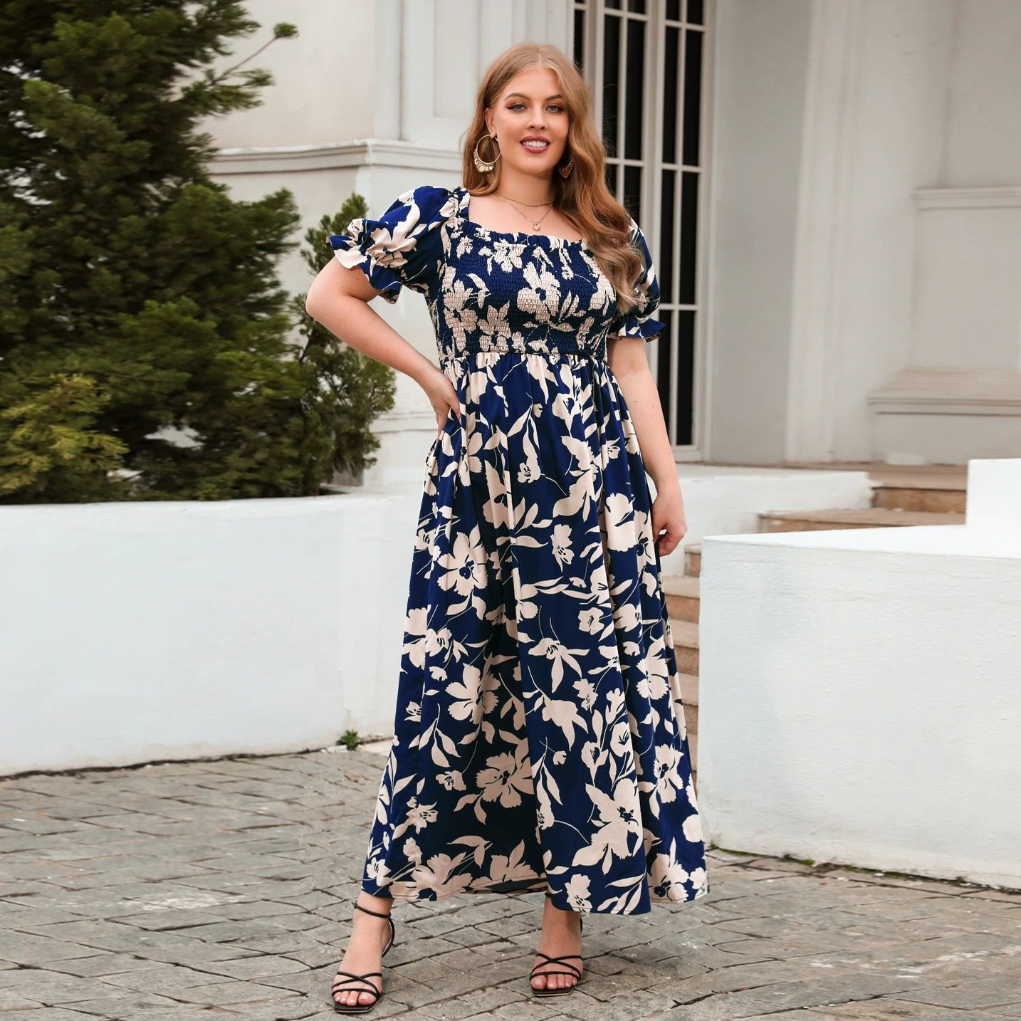 A332 Women Casual Loose Bohemian Floral Dress Plus Size Beach Swing Dress Short Sleeve Long Maxi Summer for Fat Women Natural