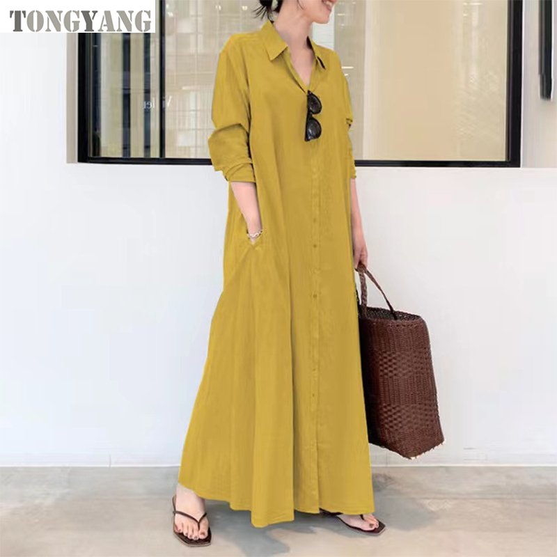 TONGYANG 2024 New hot selling Cotton and Linen Solid Color Lapel Long Sleeve Pocket Simple Loose Casual Long Shirt Muslim Dress