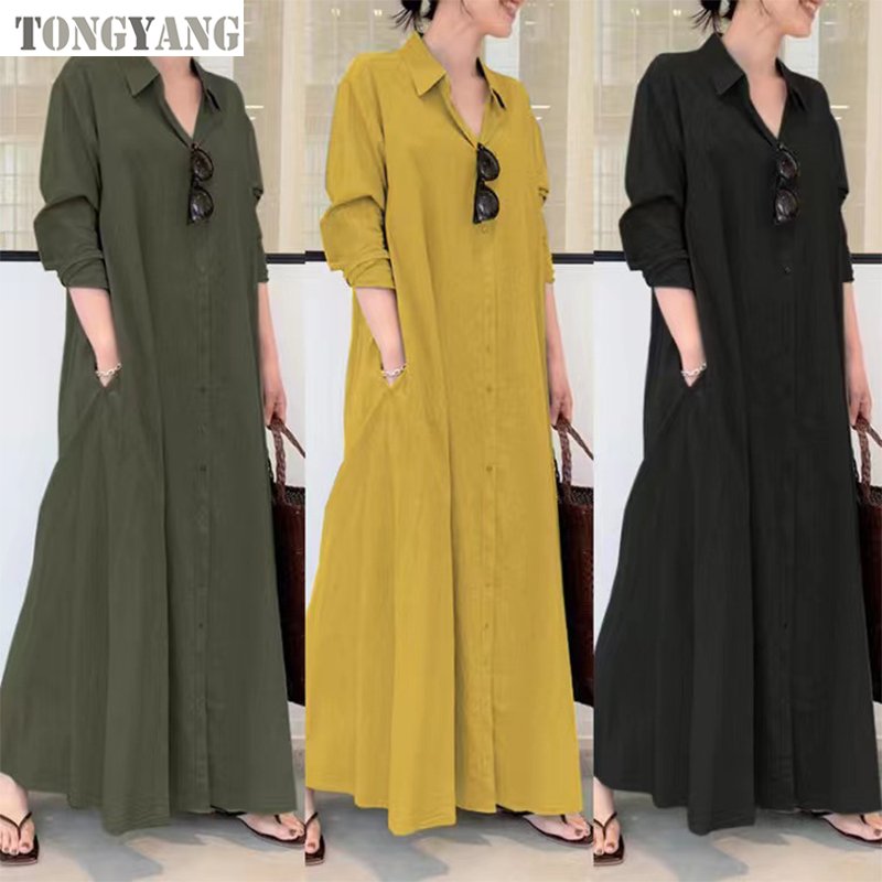 TONGYANG 2024 New hot selling Cotton and Linen Solid Color Lapel Long Sleeve Pocket Simple Loose Casual Long Shirt Muslim Dress