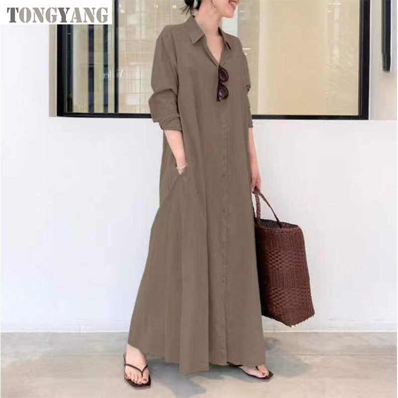 TONGYANG 2024 New hot selling Cotton and Linen Solid Color Lapel Long Sleeve Pocket Simple Loose Casual Long Shirt Muslim Dress