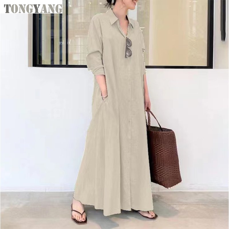 TONGYANG 2024 New hot selling Cotton and Linen Solid Color Lapel Long Sleeve Pocket Simple Loose Casual Long Shirt Muslim Dress