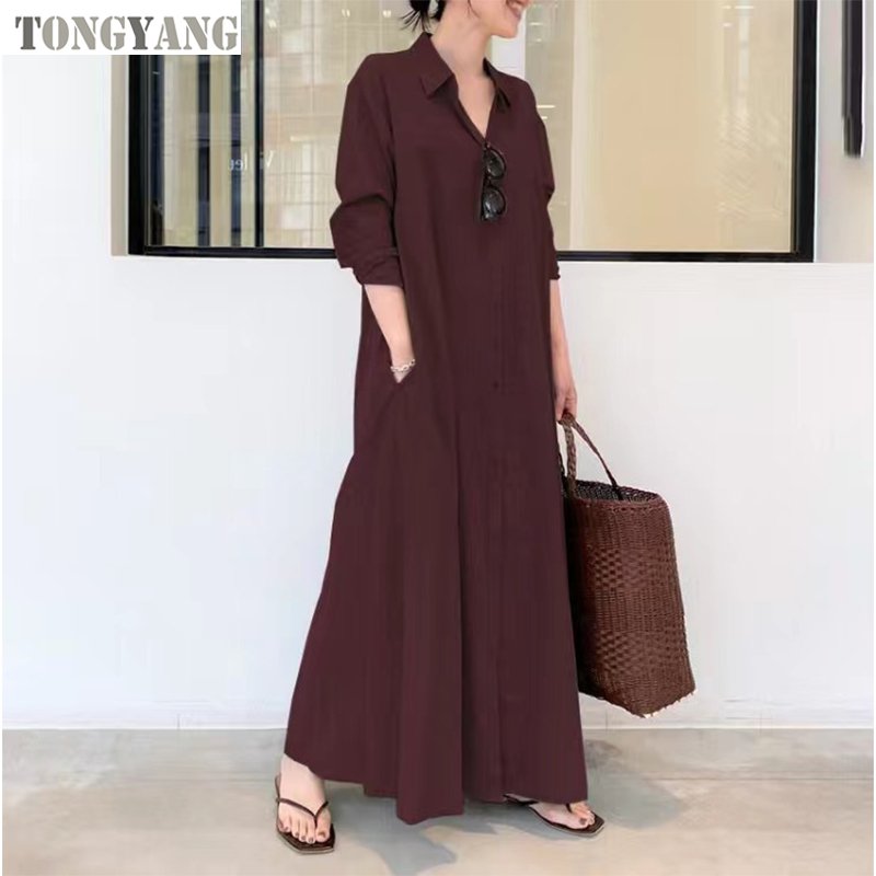 TONGYANG 2024 New hot selling Cotton and Linen Solid Color Lapel Long Sleeve Pocket Simple Loose Casual Long Shirt Muslim Dress