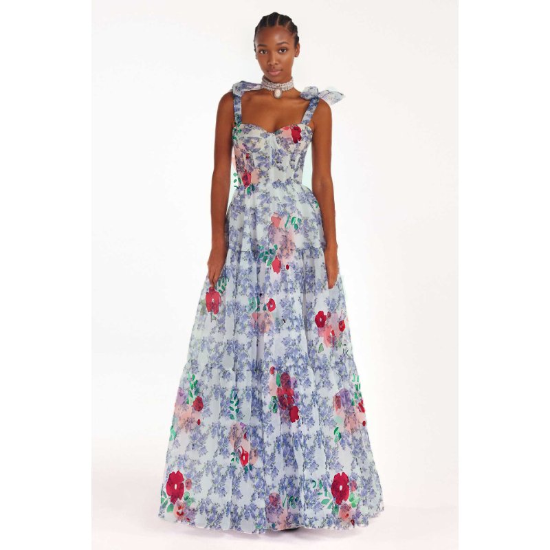 Spring and Summer Strapless Fashion Organza Long Strappy Halter Flower Printed Women's Evening Dresses Sehe Fashion