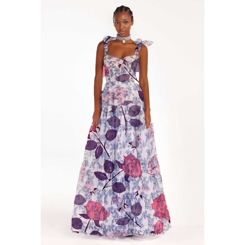 Spring and Summer Strapless Fashion Organza Long Strappy Halter Flower Printed Women's Evening Dresses Sehe Fashion