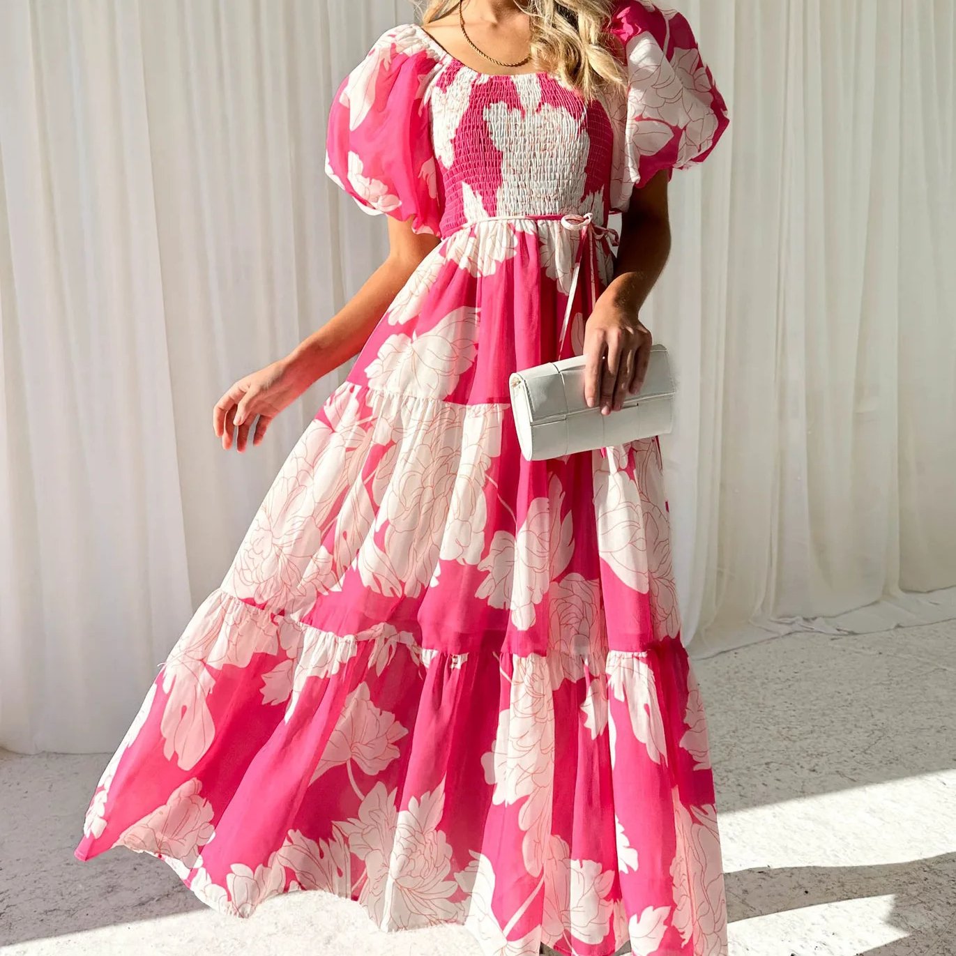 2024 Spring/Summer elegant printed one-line shoulder puffy sleeve fashion European and American dress
