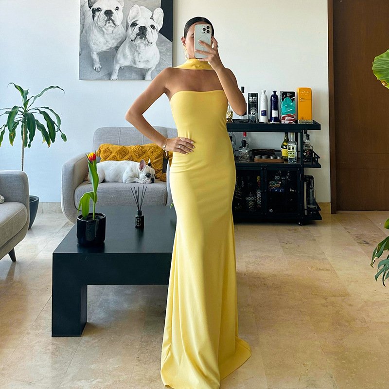 Adjustable Neck Halter Long Dresses Custom Logo Woman Streetwear Ladies Slim Fit Dresses Women's Casual Dresses