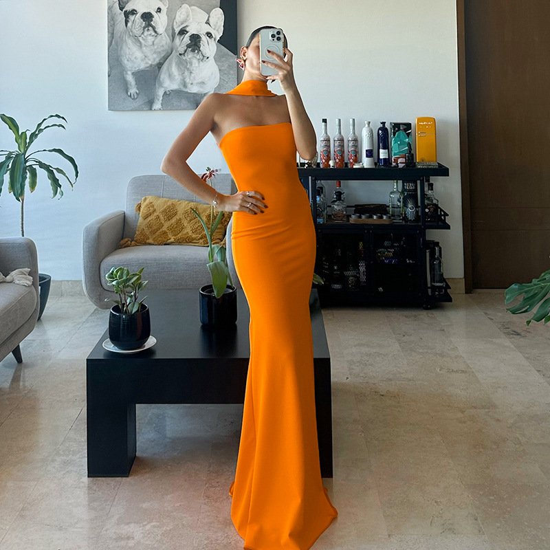 Adjustable Neck Halter Long Dresses Custom Logo Woman Streetwear Ladies Slim Fit Dresses Women's Casual Dresses