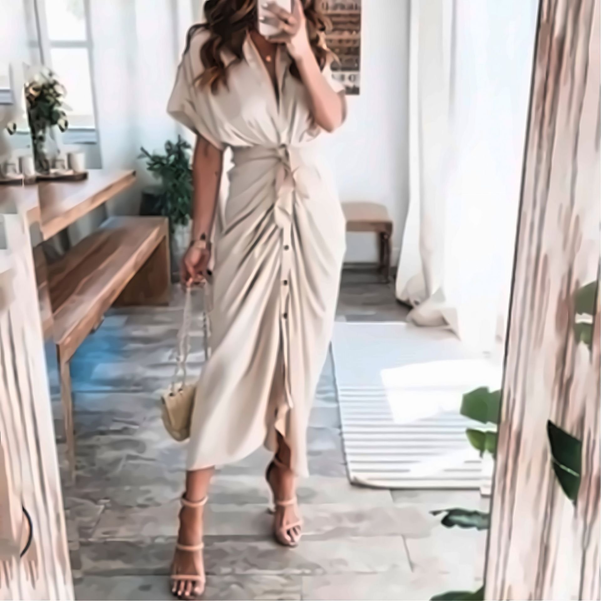 Limited Time Goods!!!Casual Elegant Lady Maxi Long Dresses Shiny Satin Midi Dress Fashion Women Short Sleeve Maxi Casual Dresses