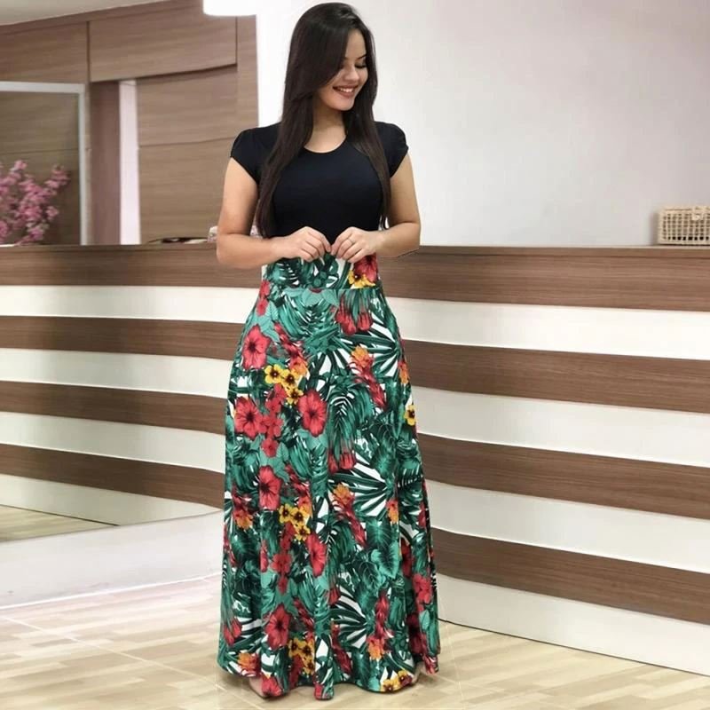 Dot Patchwork Elegant Party Floral Maxi Dress Ladies Summer Casual Dress Fashion Women Dress J0119