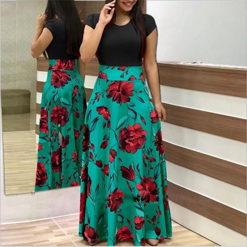 Dot Patchwork Elegant Party Floral Maxi Dress Ladies Summer Casual Dress Fashion Women Dress J0119