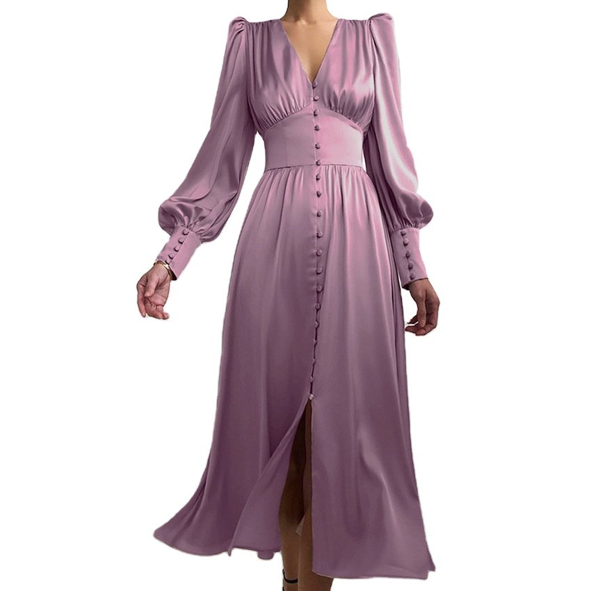 WanBao Casual Satin Dress Ruffle Boho Chic Women Puff Sleeve Longo Para Dama Mujer Elegantes Pleated Vestidos Largos