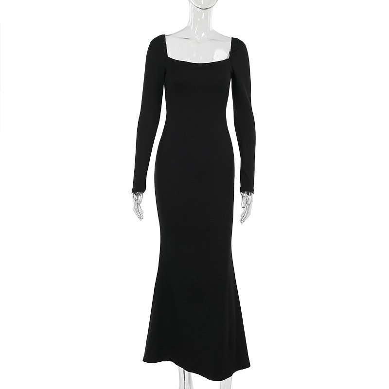2024 new arrivals simple slim square collar long dress fashion women casual dresses