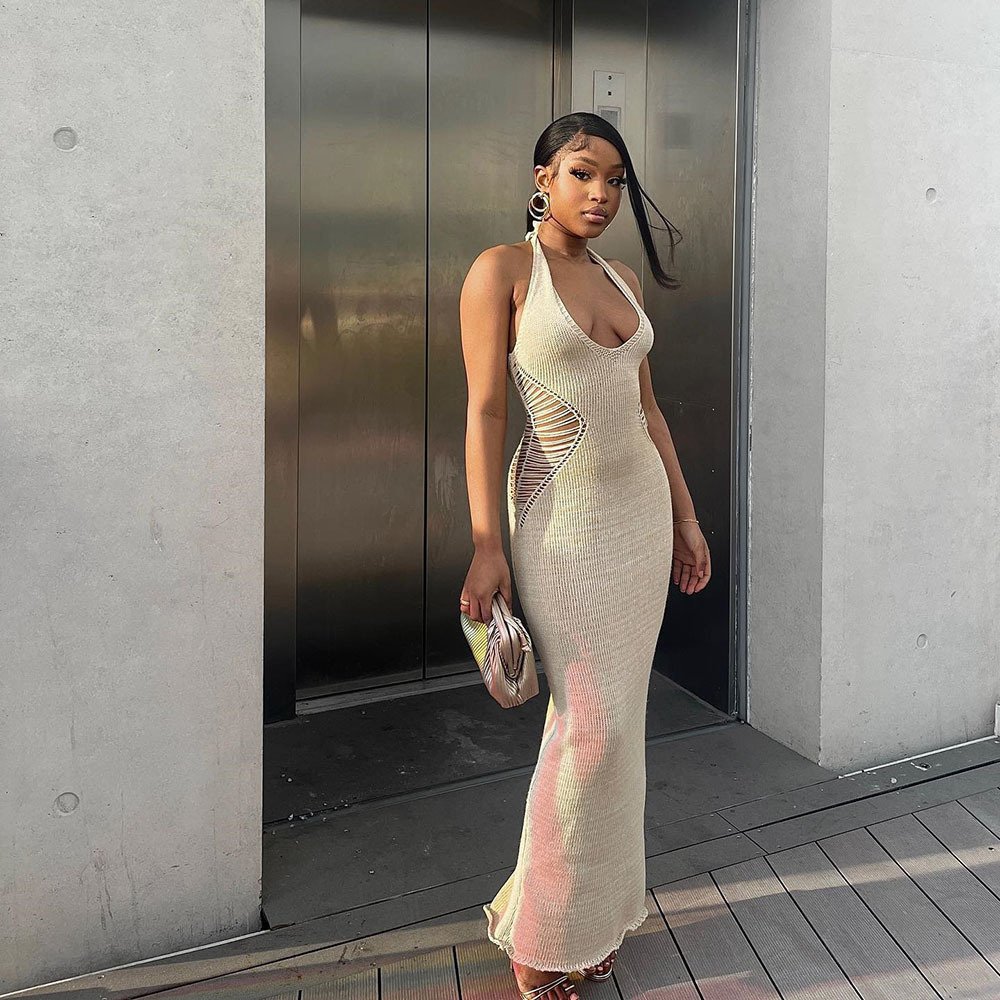 Best Selling Summer Side Waist Hollow Knit Dress Sexy Open Back Tight Bag Hip Beach Seaside Dress