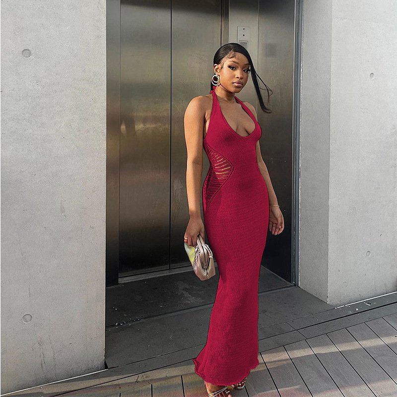 Best Selling Summer Side Waist Hollow Knit Dress Sexy Open Back Tight Bag Hip Beach Seaside Dress