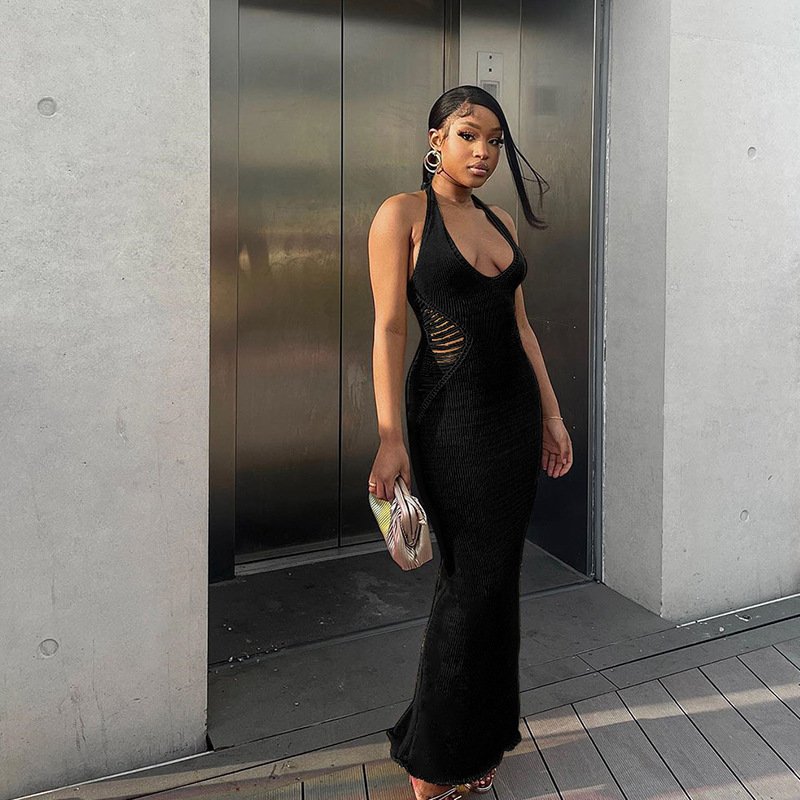 Best Selling Summer Side Waist Hollow Knit Dress Sexy Open Back Tight Bag Hip Beach Seaside Dress
