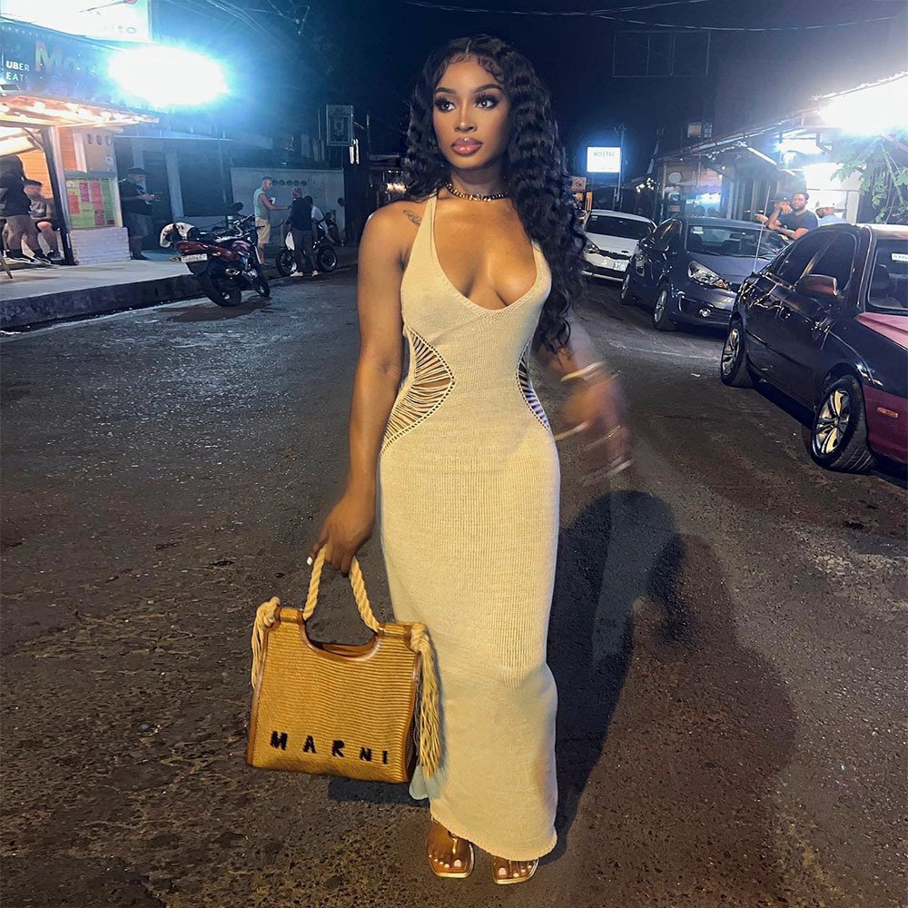 Best Selling Summer Side Waist Hollow Knit Dress Sexy Open Back Tight Bag Hip Beach Seaside Dress