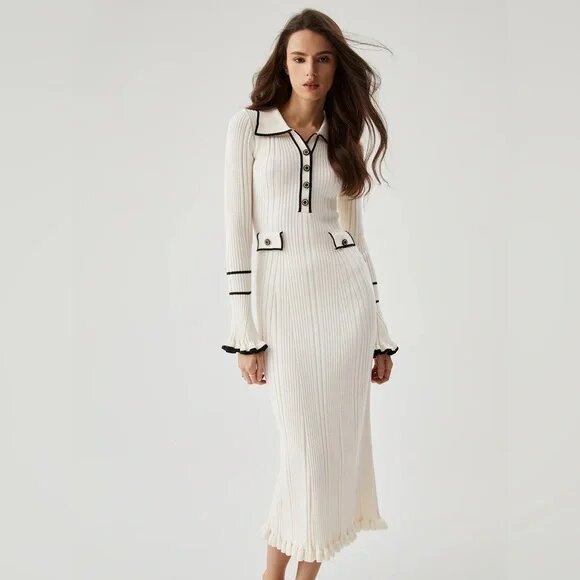 Custom Knit Women's Sweater Dress Long Sleeve Knitwear Elegant Dress Winter Button Knitted Long Sweater Casual Dresses For Women