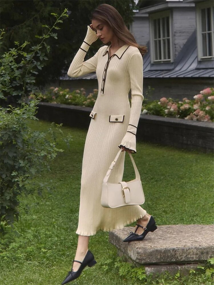 Custom Knit Women's Sweater Dress Long Sleeve Knitwear Elegant Dress Winter Button Knitted Long Sweater Casual Dresses For Women
