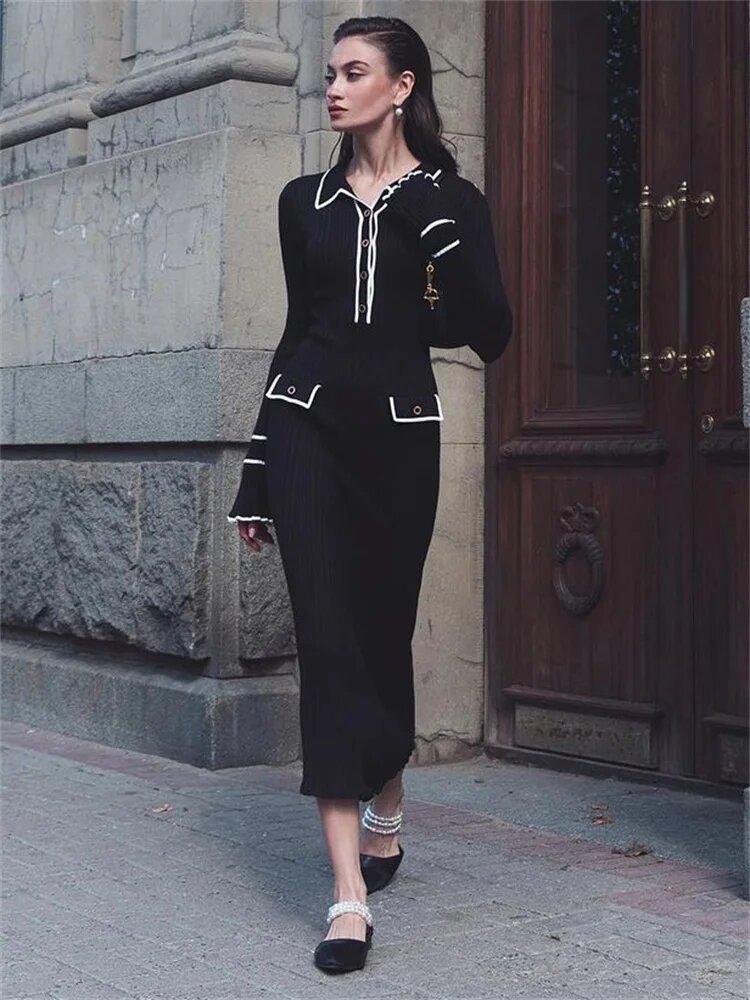 Custom Knit Women's Sweater Dress Long Sleeve Knitwear Elegant Dress Winter Button Knitted Long Sweater Casual Dresses For Women