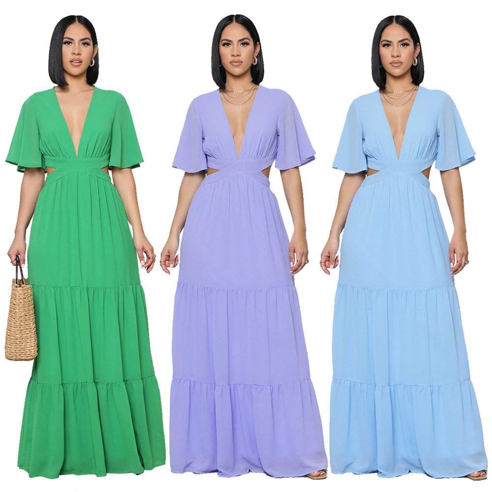 Wholesale Casual Long Dress Solid Short Sleeve Cut-out V Neck Summer Dresses Women