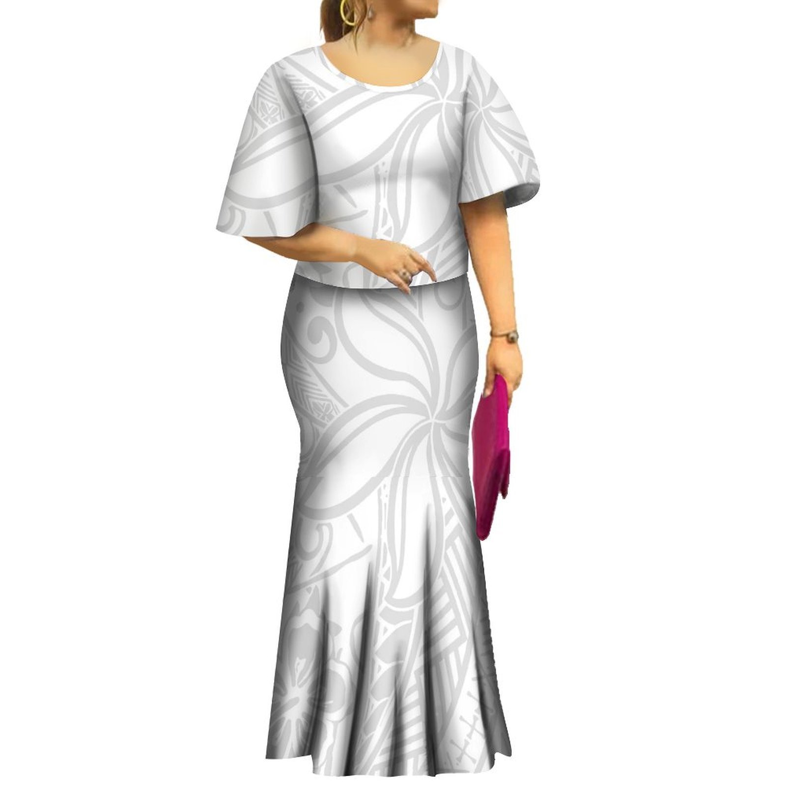 Print On Demand Custom Mother's Day White Sunday Design Polynesian Tribal Printed Samoan Puletasi Set 2 Piece Set Fishtail Dress