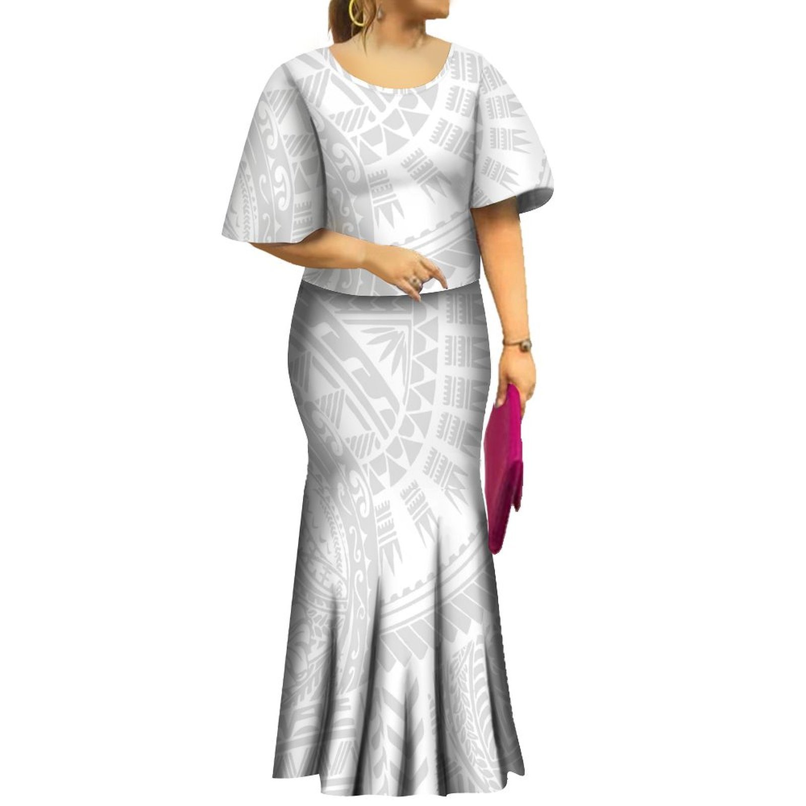 Print On Demand Custom Mother's Day White Sunday Design Polynesian Tribal Printed Samoan Puletasi Set 2 Piece Set Fishtail Dress