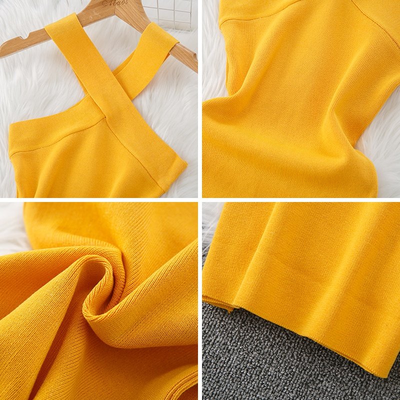 Sexy Halter Off Shoulder Knit Split Dress Chic Criss-cross Backless Beach Party Fashion Vestido Women Elastic Casual Dress