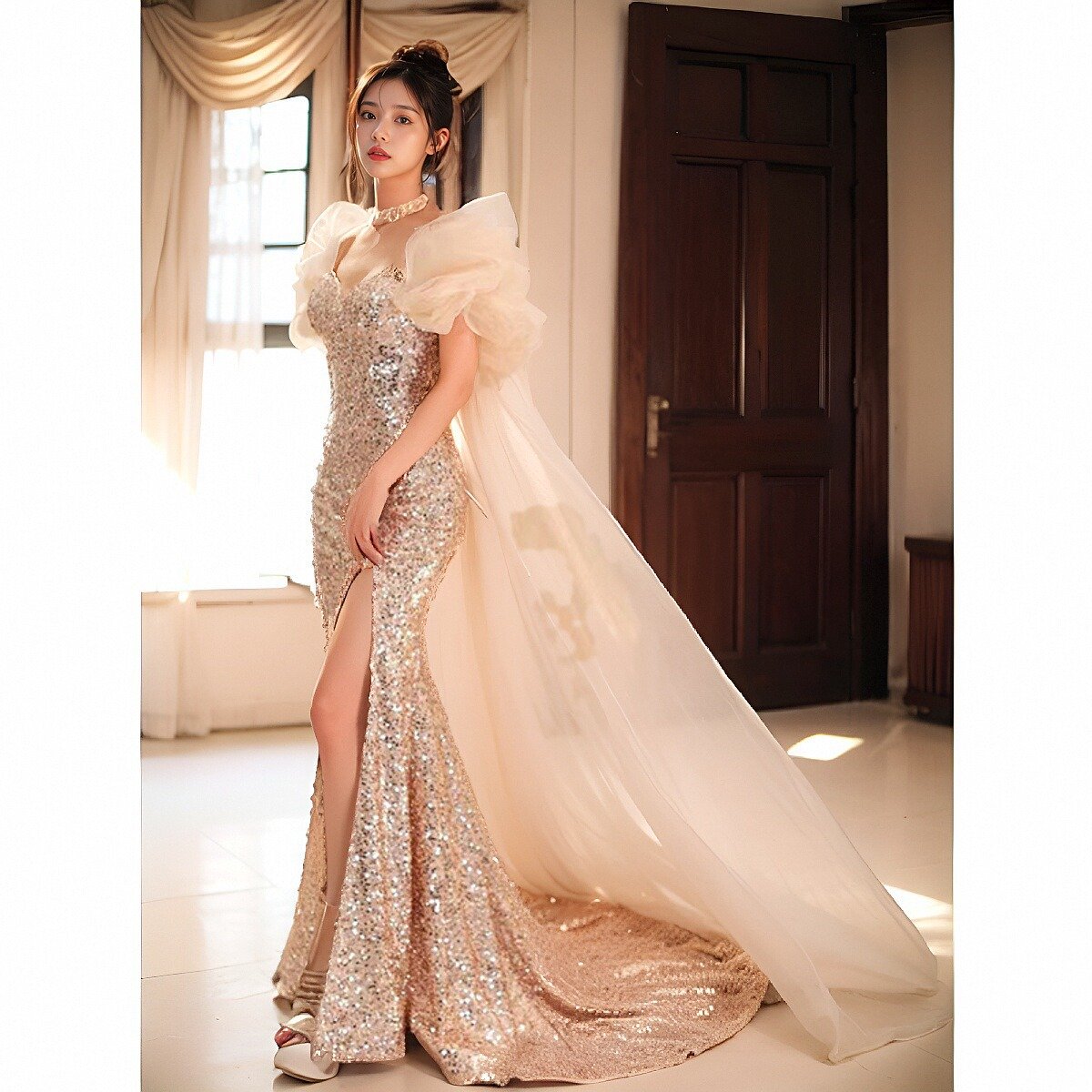New Elegant Puff Sleeve Mesh Train Engagement Toast Wedding Gowns French Fishtail Split Sequins Evening Dresses
