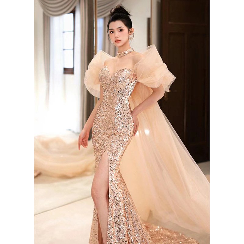 New Elegant Puff Sleeve Mesh Train Engagement Toast Wedding Gowns French Fishtail Split Sequins Evening Dresses