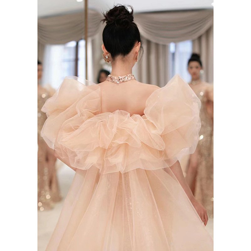 New Elegant Puff Sleeve Mesh Train Engagement Toast Wedding Gowns French Fishtail Split Sequins Evening Dresses