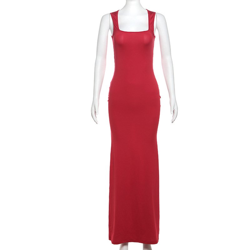 K24D46539 Spaghetti Straps Red Dress Sleeveless Maxi Dress Elegant Casual Dresses Women Y2K