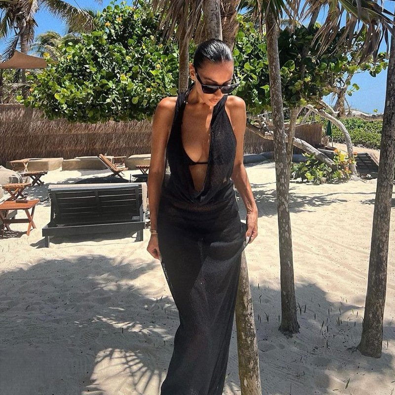 YJ24133MHO Spring Summer Sexy Women Sleeveless Hoodie Backless Mesh Ladies Slim Dresses Women