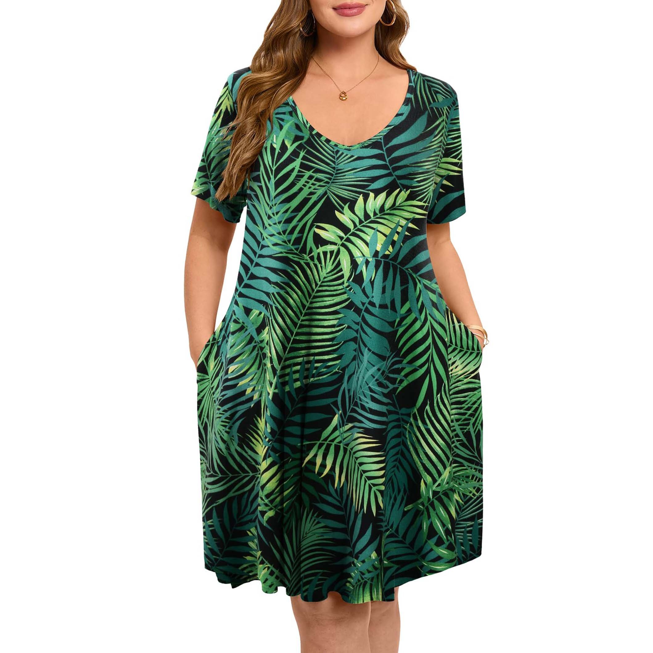 Women's Plus Size Swing Dress with Pockets Casual Summer Dresses V Neck Short Sleeve T Shirt Dress for Women