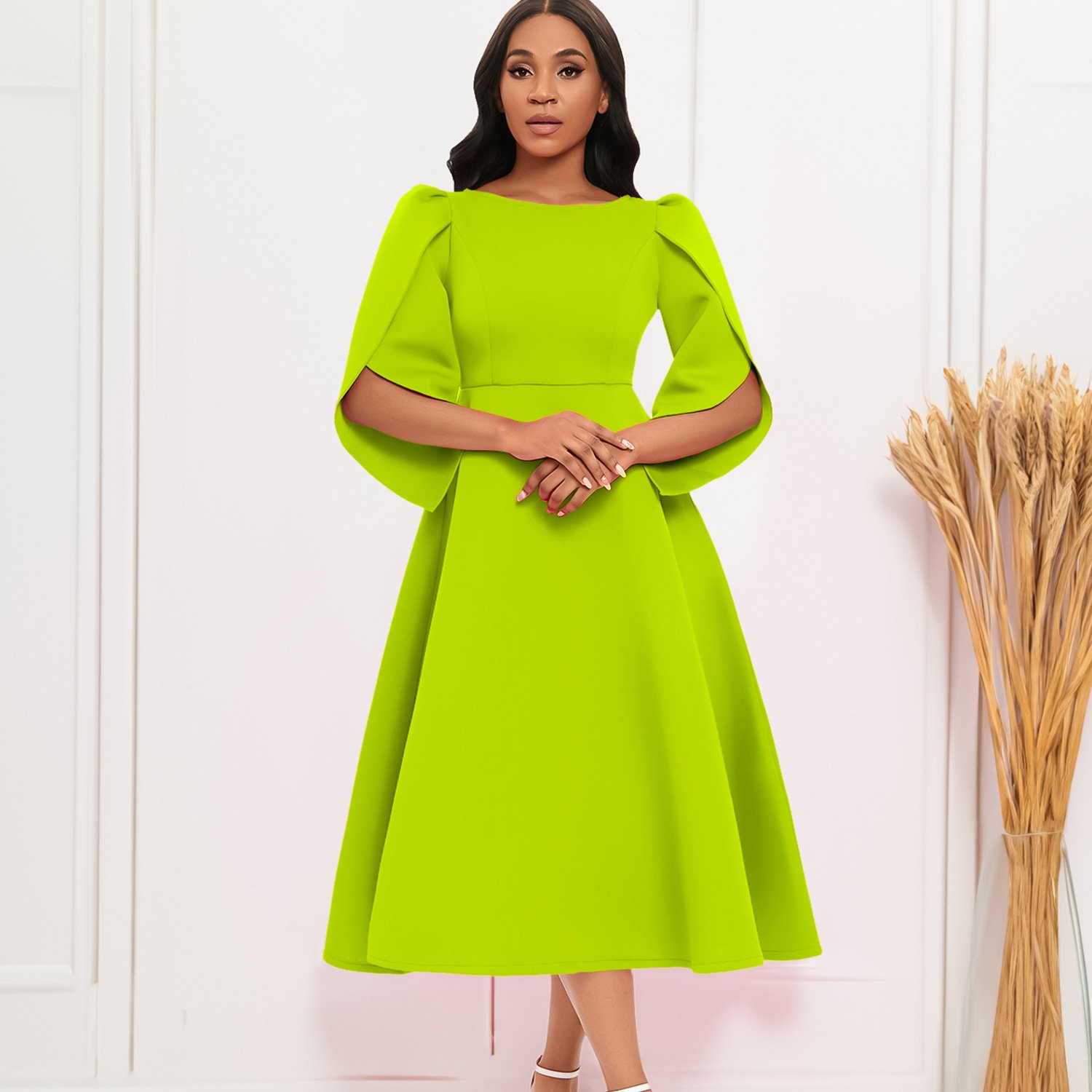 Women's Dress 2023 Autumn New Style Lady Soild Color O-neck Elegant Fashion Party Dresses Large African Dress