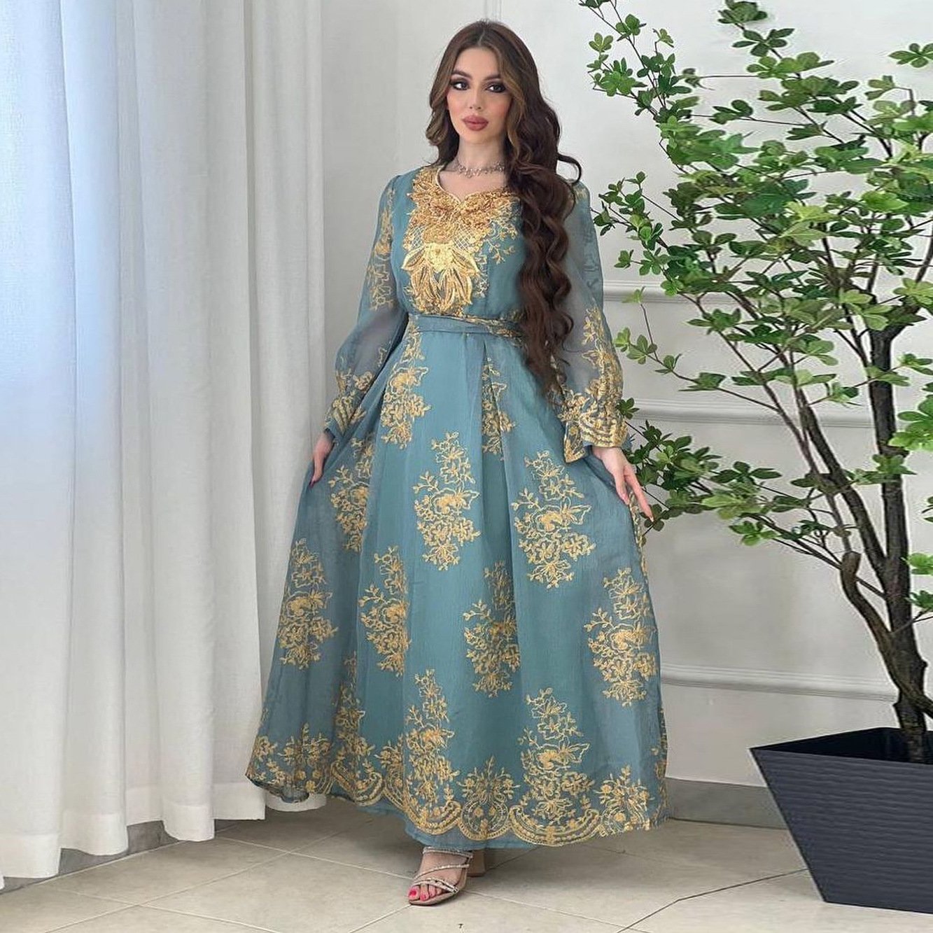 TM102New Eid Embroidery dinner dresses women party dress casual dresses women lady elegant