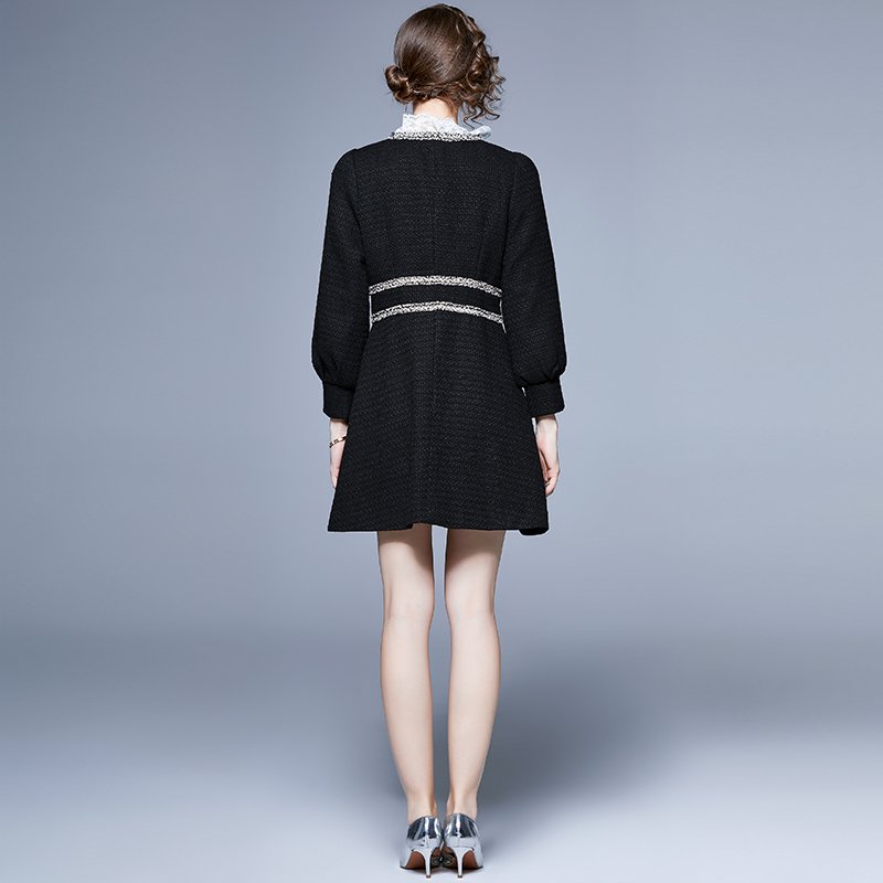 Droma autumn and spring clothes skirt long sleeves elagnt herben style tweed stand up collar high waist slimming dress black