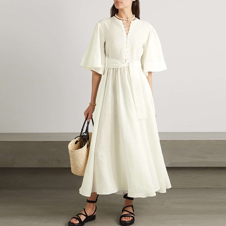 2023 Women Clothing Luxury Casual Dress Long Cotton Elegant High Quality White Flare Sleeves Covered Buttons Linen Dress Women