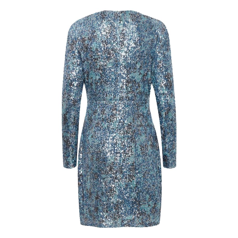 OEM/ODM 2023 Casual Shoulder Pads Women Loose V-neckline Frock for Dates Blue Print Jersey Sequin Dress