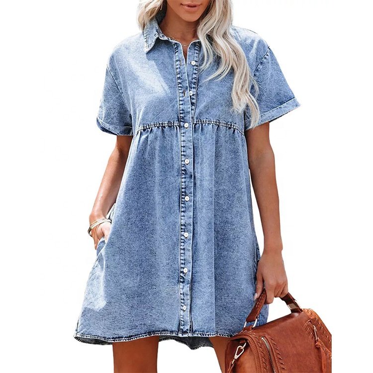 Europe and the United States washed denim lapel loose sweet ruffled dress