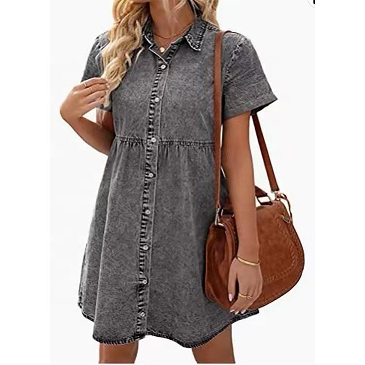 Europe and the United States washed denim lapel loose sweet ruffled dress