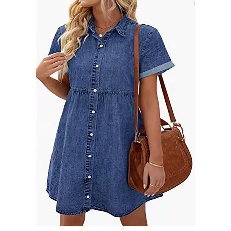 Europe and the United States washed denim lapel loose sweet ruffled dress